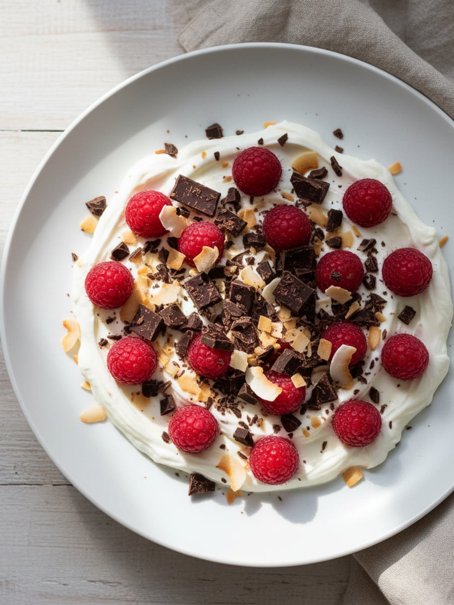 AI-bild: Hallon-yoghurt med kokoschokladtopping