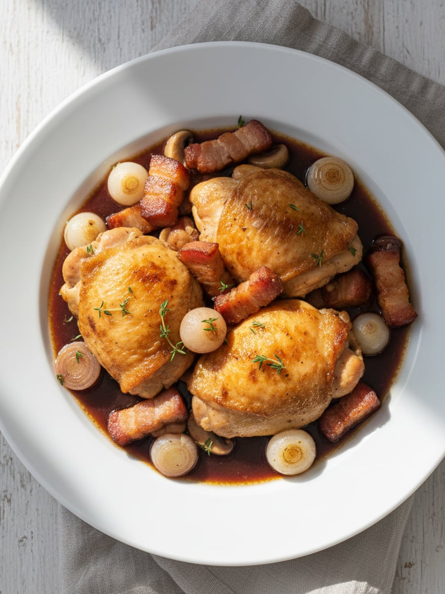 AI-bild: Coq au vin (kyckling i rödvin)