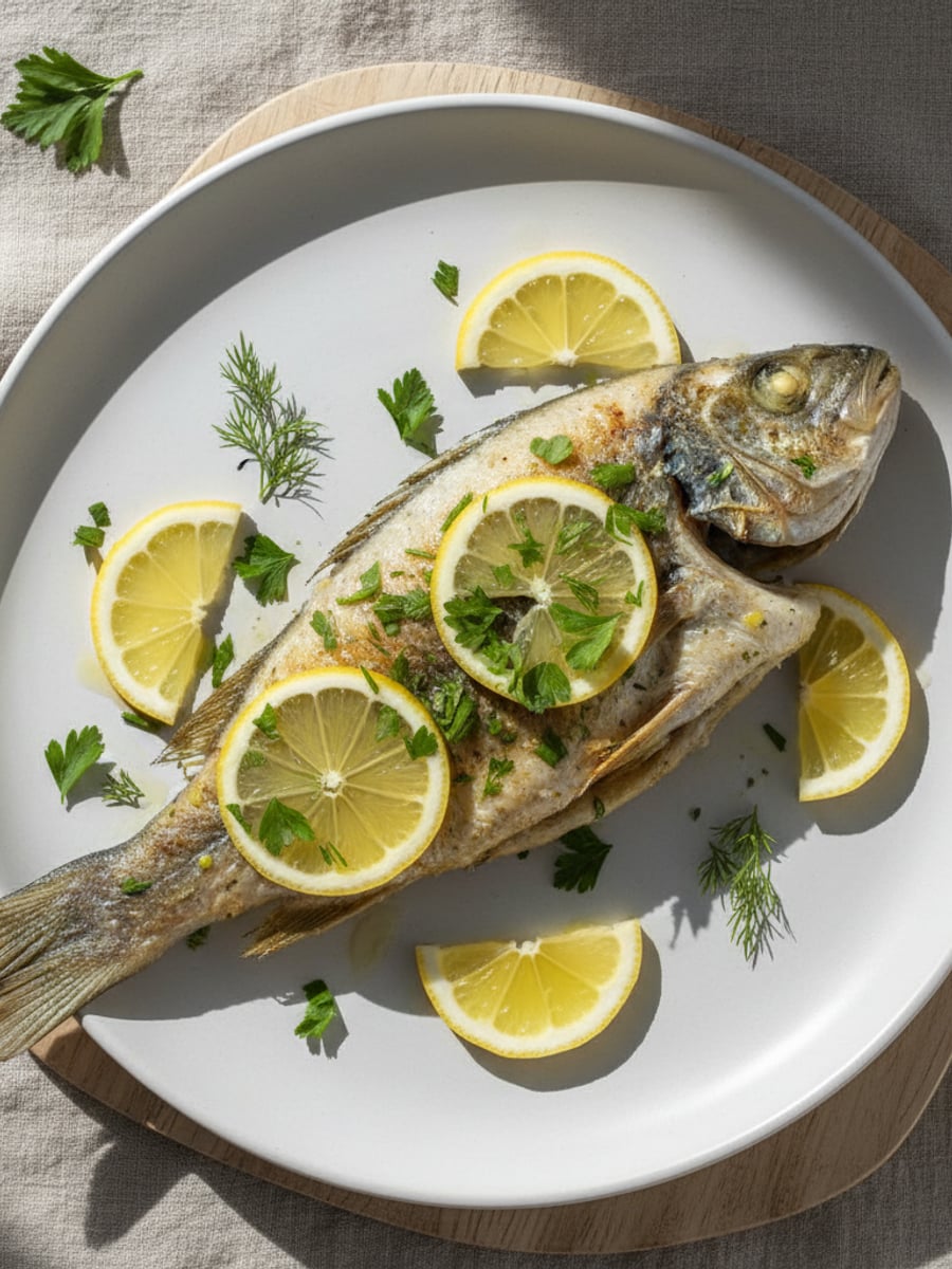 AI-bild: Helstekt vit fisk med örter