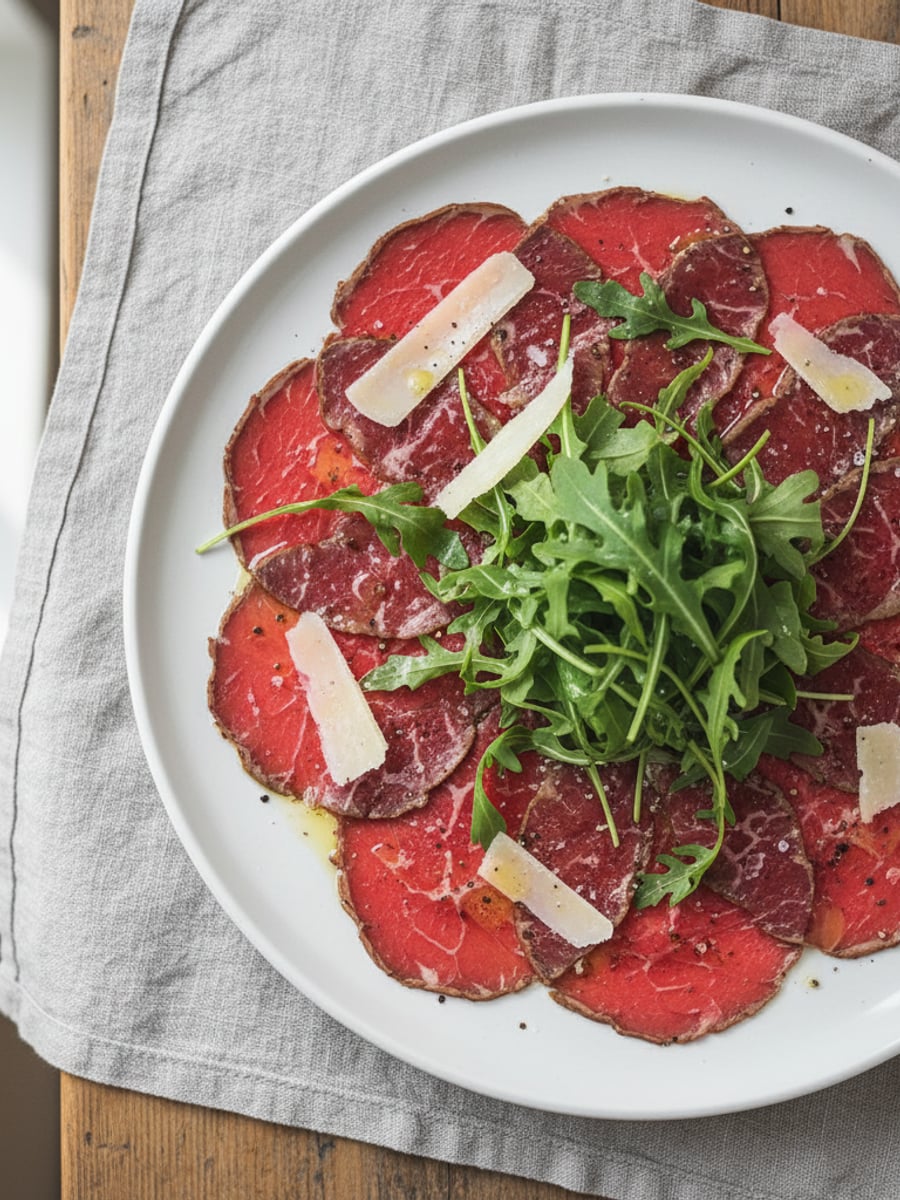 AI-bild: Köttcarpaccio med parmesan och rucola