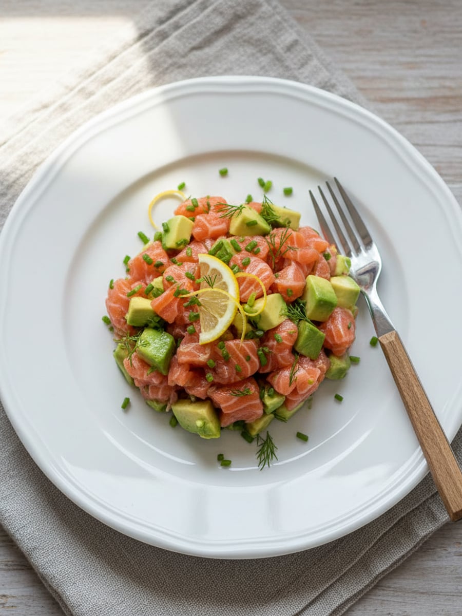 AI-bild: Laxtartar med avokado och citron