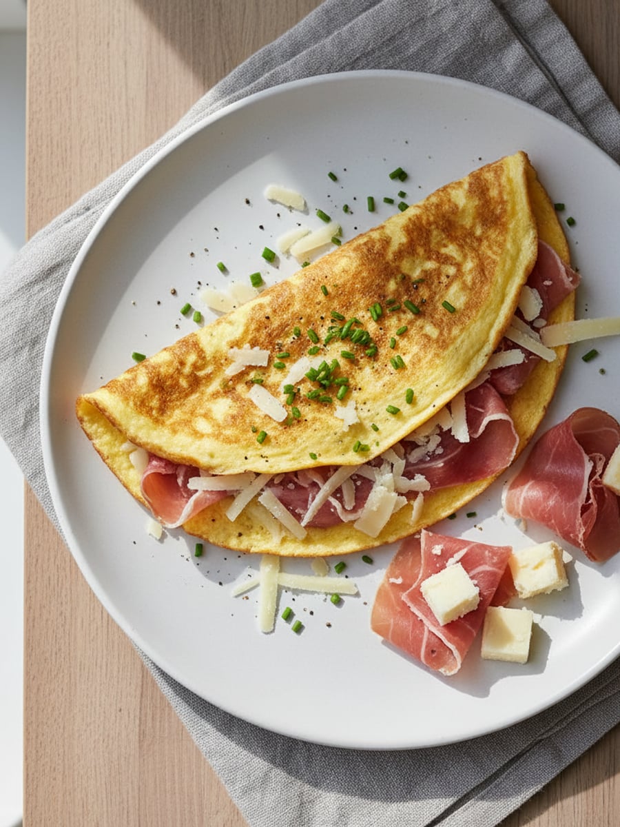 AI-bild: Helgbrunch: skinka & ostomelett