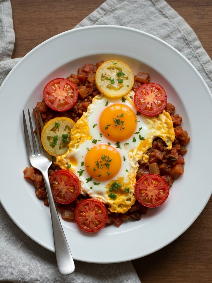 AI-bild: Shakshuka LCHF (skinka- och tomatgryta med ägg)