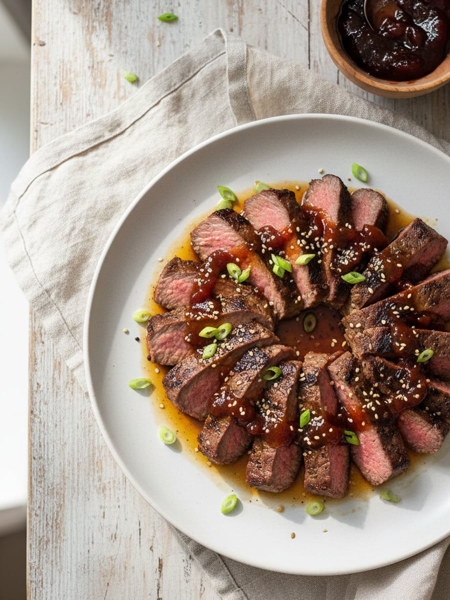 AI-bild: Grillad biff i plommon-sojaglaze