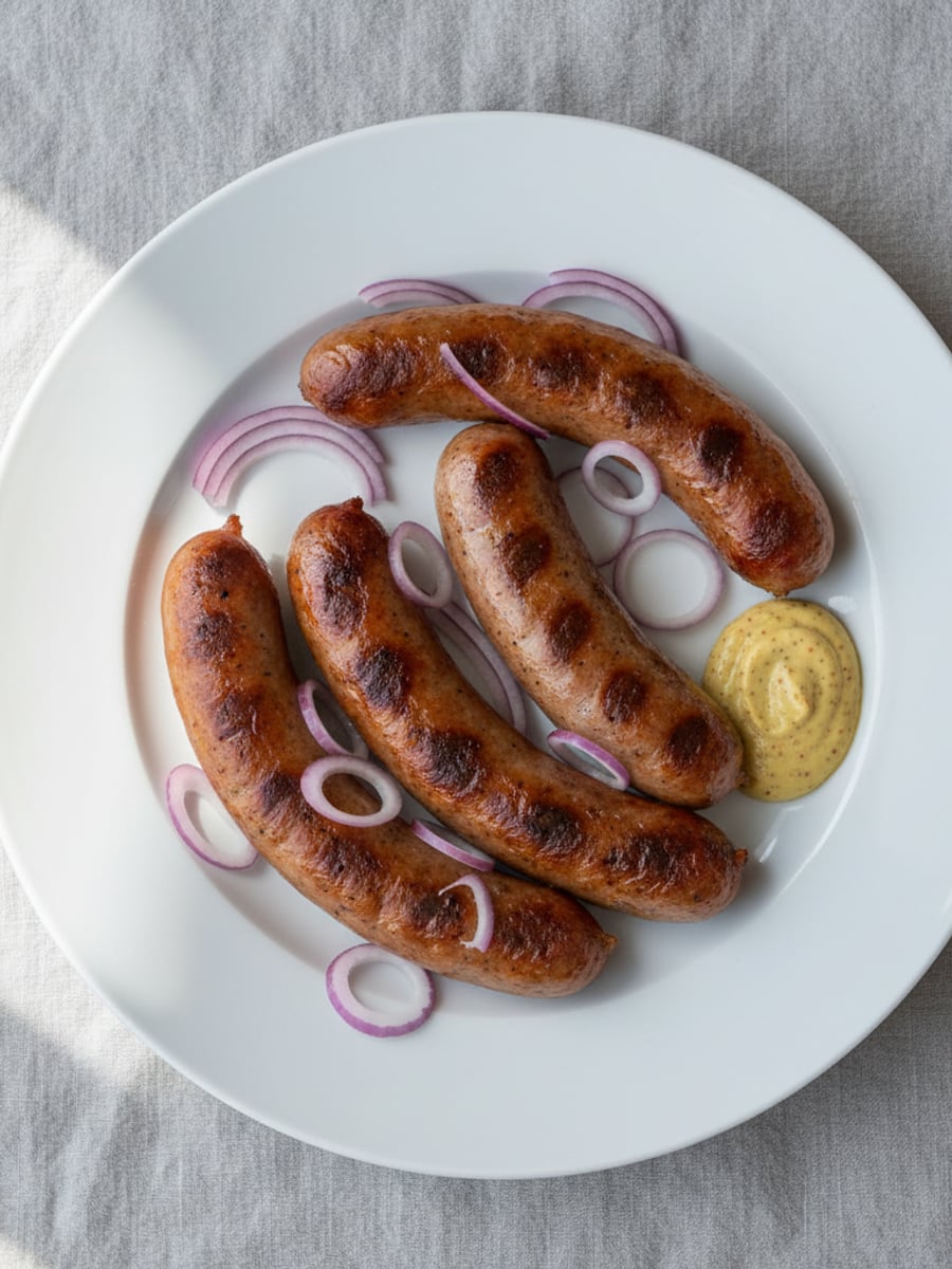 AI-bild: Grillad korvtallrik med senap
