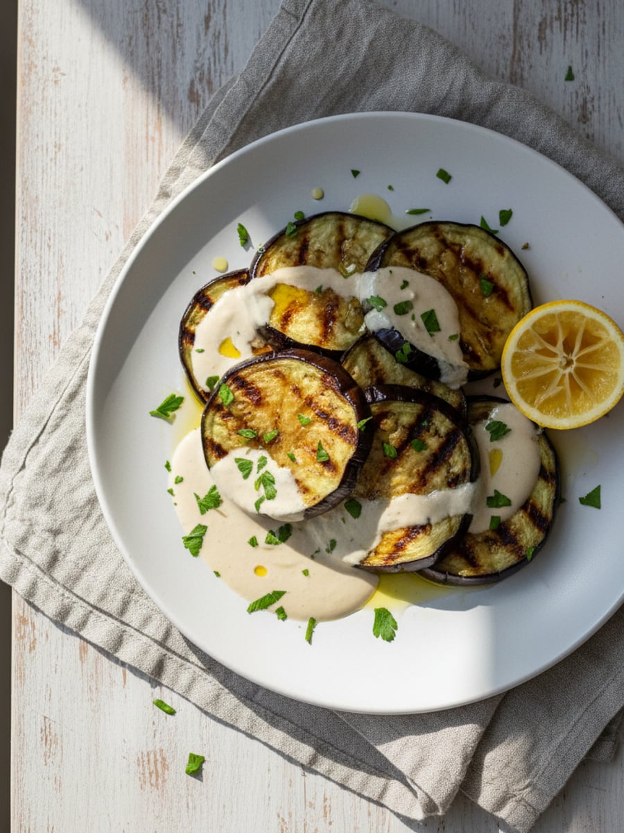 AI-bild: Grillade auberginer med tahini-sås