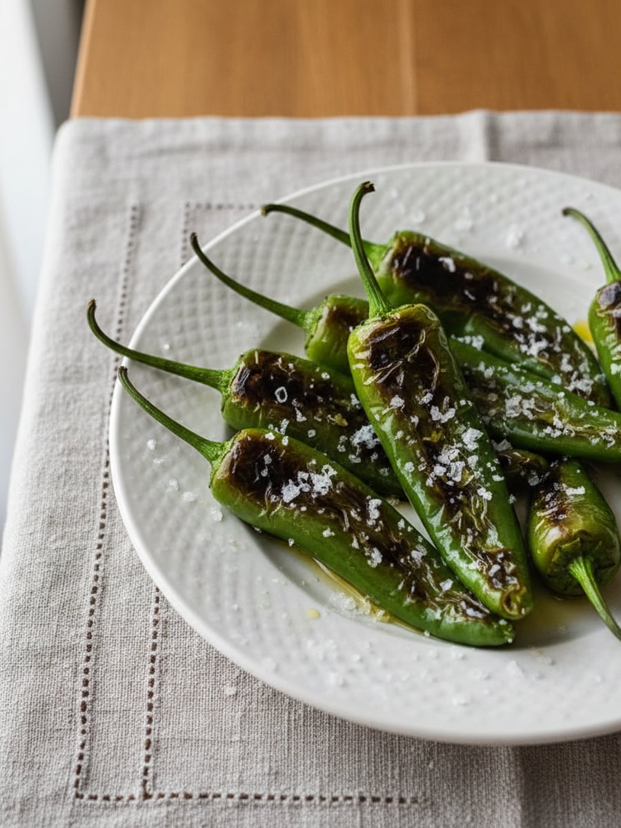 AI-bild: Grillade gröna chilifrukter med flingsalt