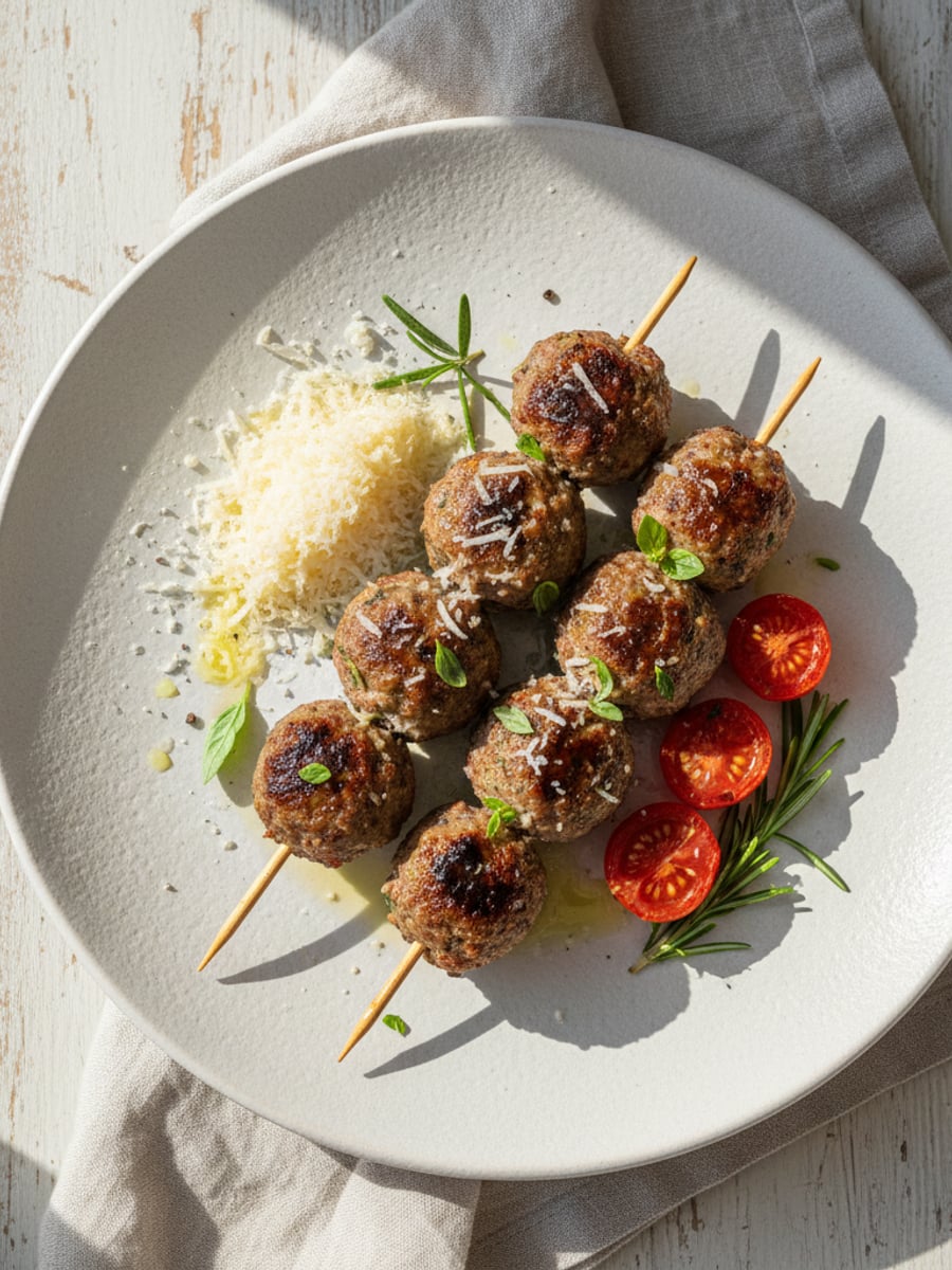 AI-bild: Grillade italienska köttbullar på spett