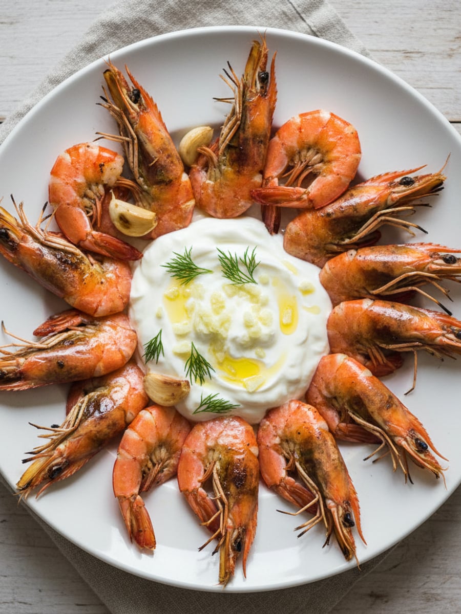 AI-bild: Grillade jätteräkor med vitlöks-yoghurtsås