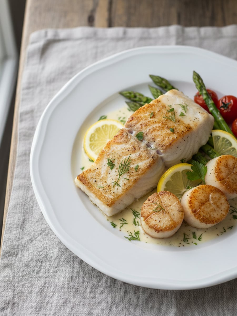 AI-bild: Vitfisk med pilgrimsmusslor