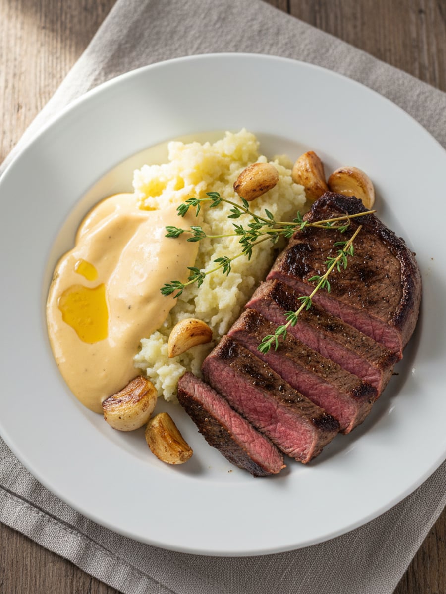 AI-bild: Entrecôte med rotsellerimos & béarnaise