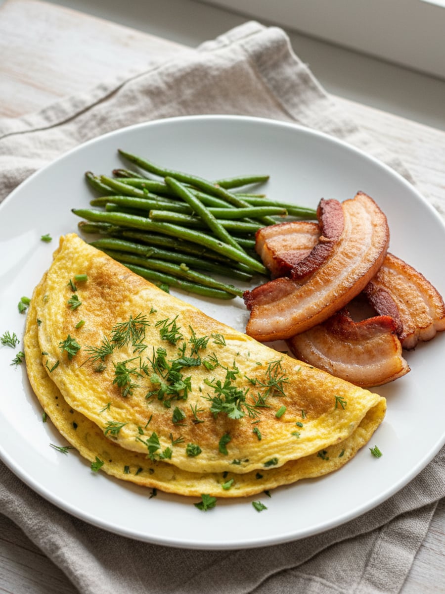 AI-bild: Helgbrunch: omelett, sidfläsk & haricots verts