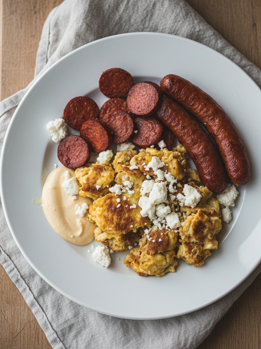 AI-bild: Korv med smutsig äggröra, feta & béarnaise