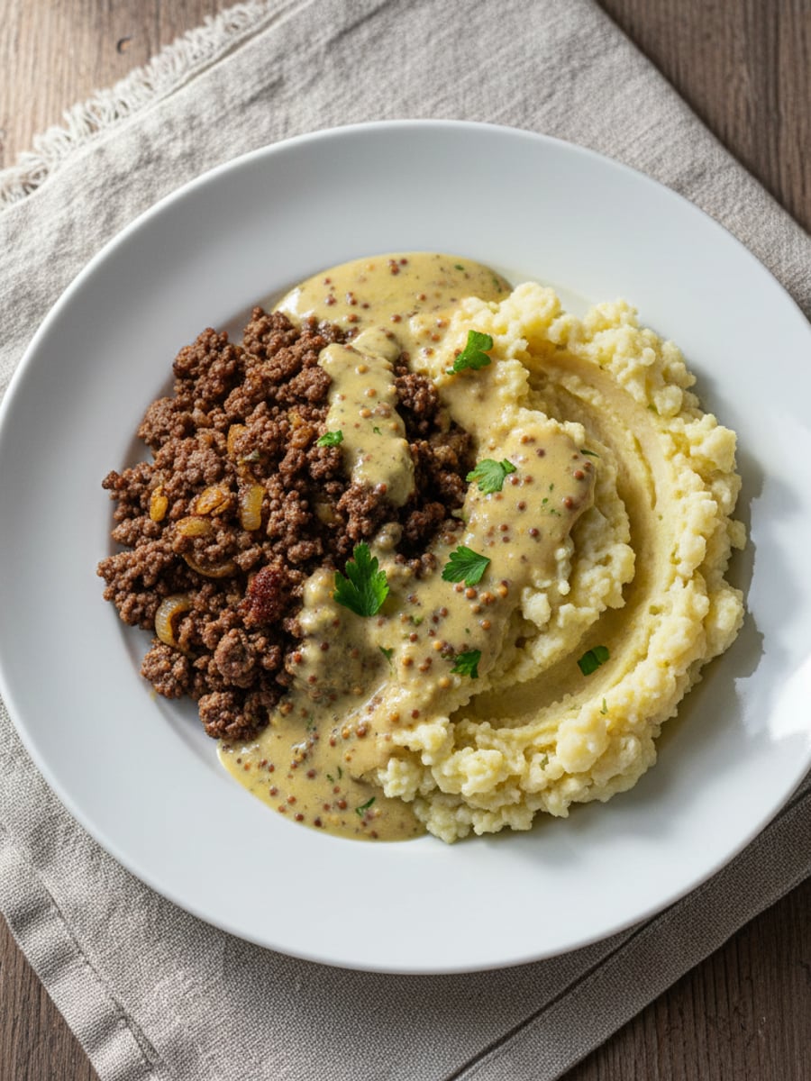 AI-bild: Köttfärs med blomkålsmos & senap-grädde