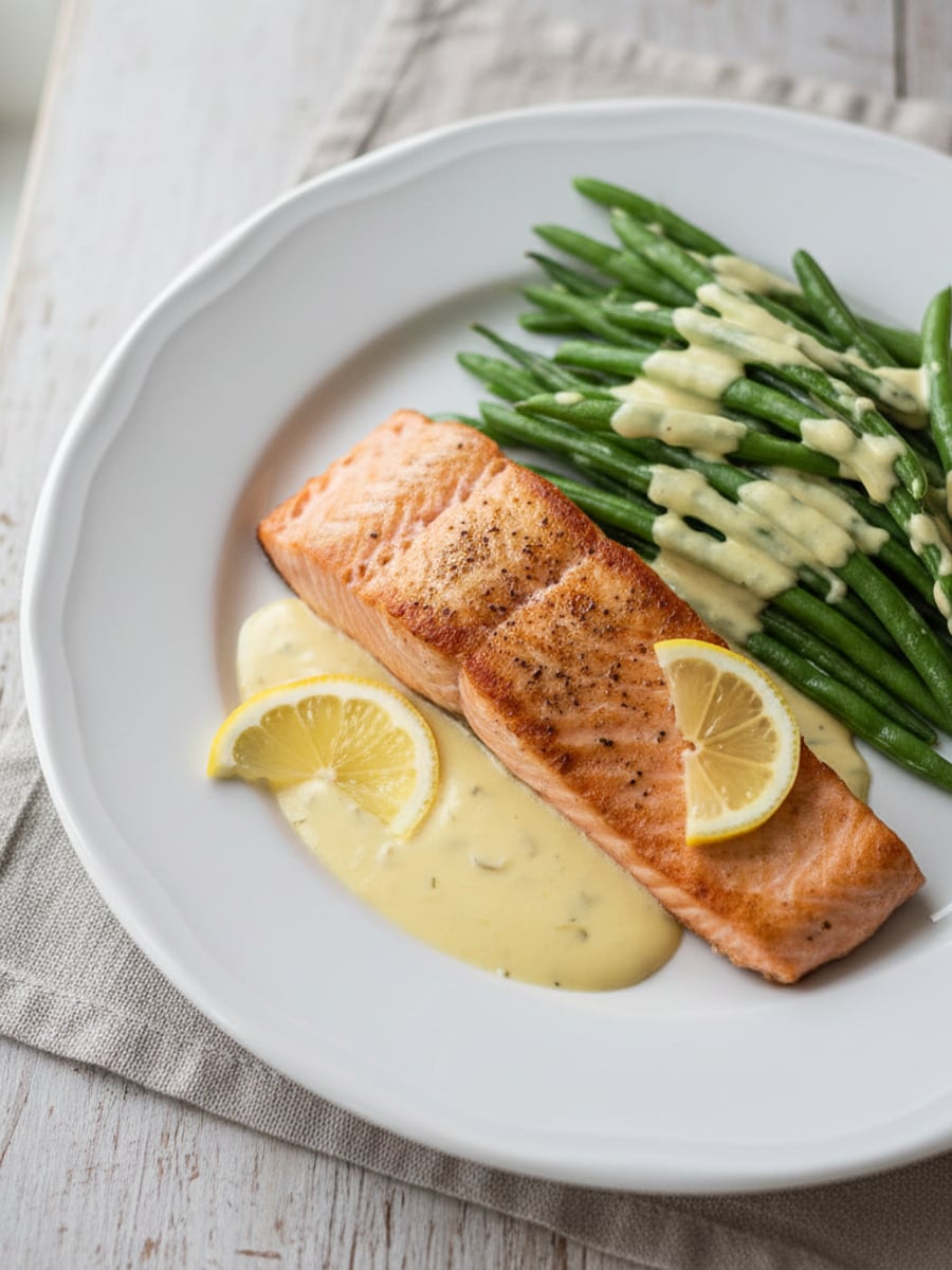 AI-bild: Lax med haricots verts & hollandaise