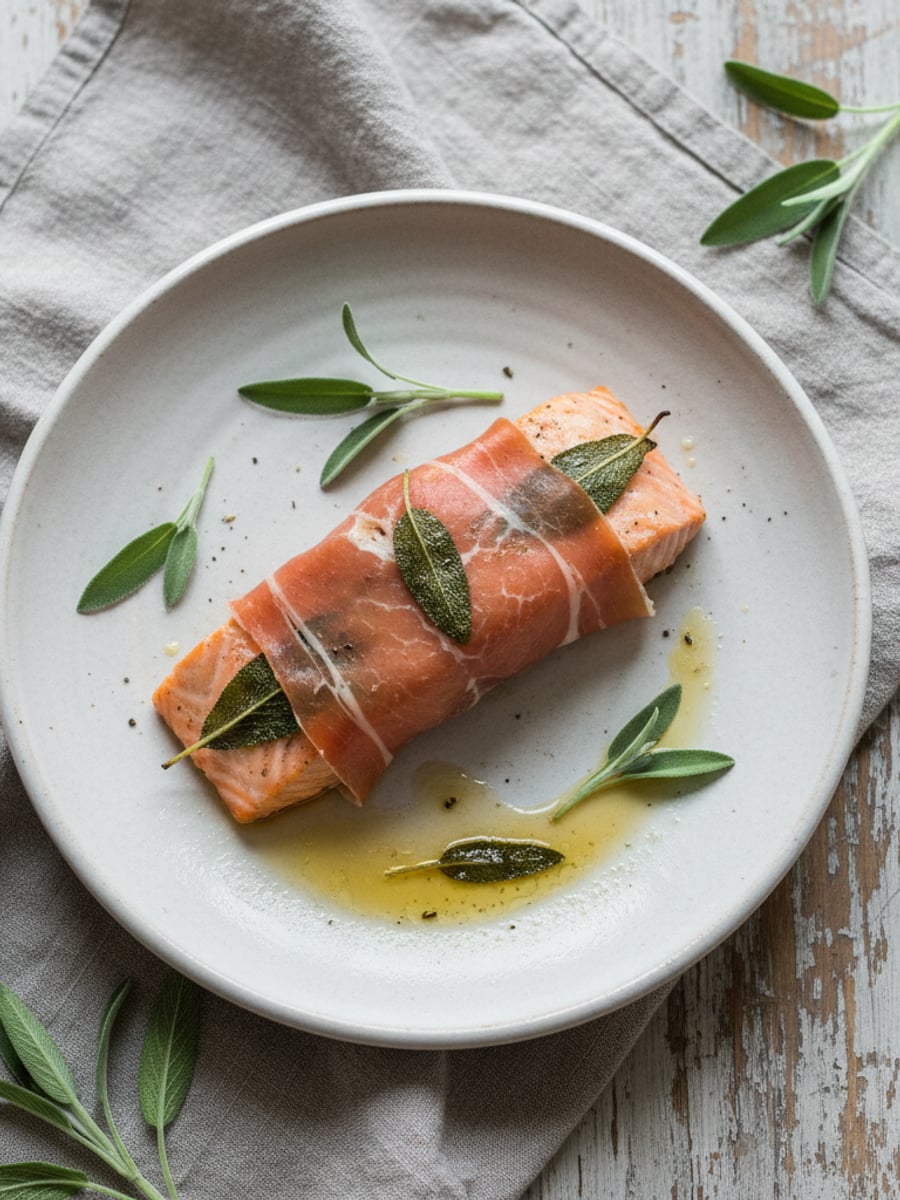 AI-bild: Lax saltimbocca-style