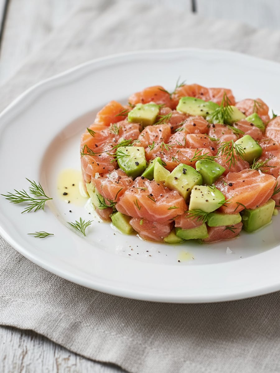 AI-bild: Lax-tartare med dill och avokado