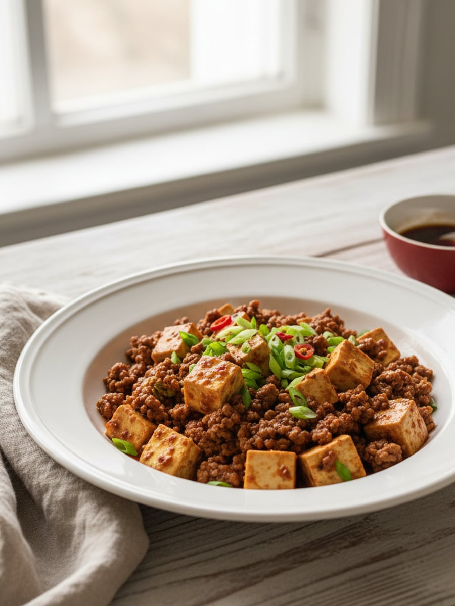 AI-bild: Mapo tofu-style med köttfärs