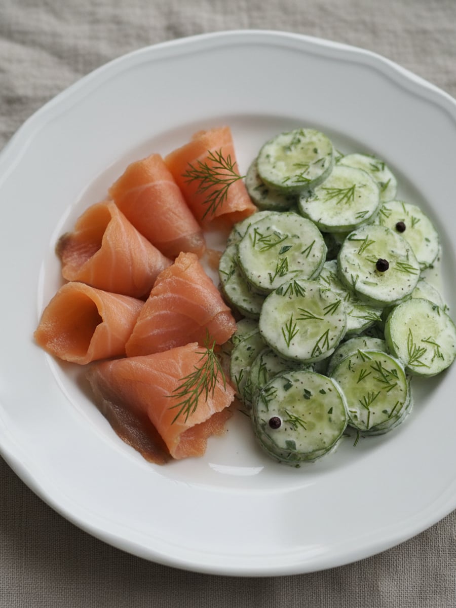 AI-bild: Midsommar: kallrokt lax med dillstuvad gurka