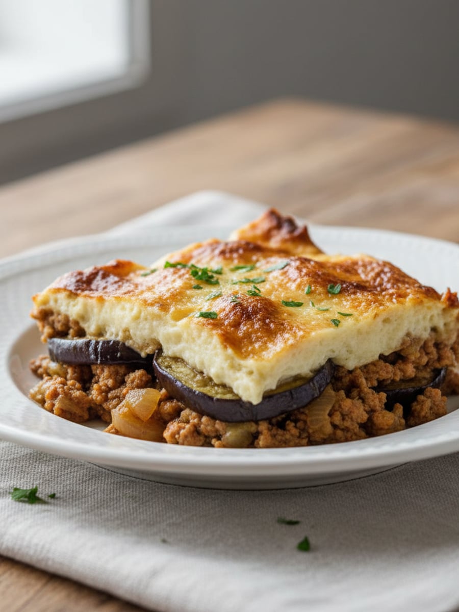 AI-bild: Moussaka LCHF (grek-stil med béchamel-toppning)