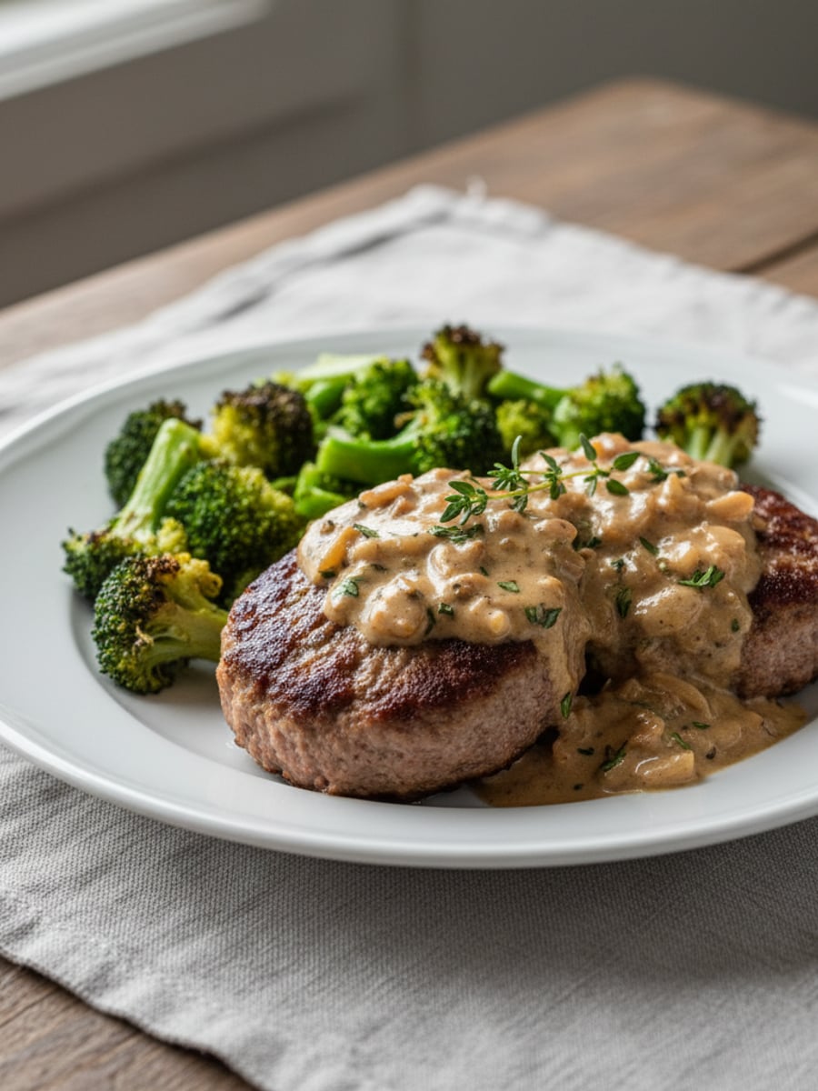 AI-bild: Pannbiff jagarsås (svamp-fri, med broccoli)