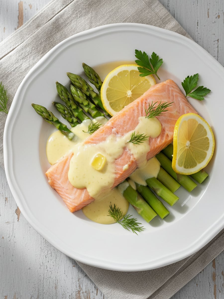 AI-bild: Pochat lax med hollandaise och sparris
