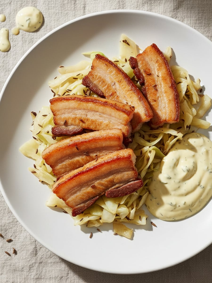 AI-bild: Sidfläsk med vitkål & béarnaise