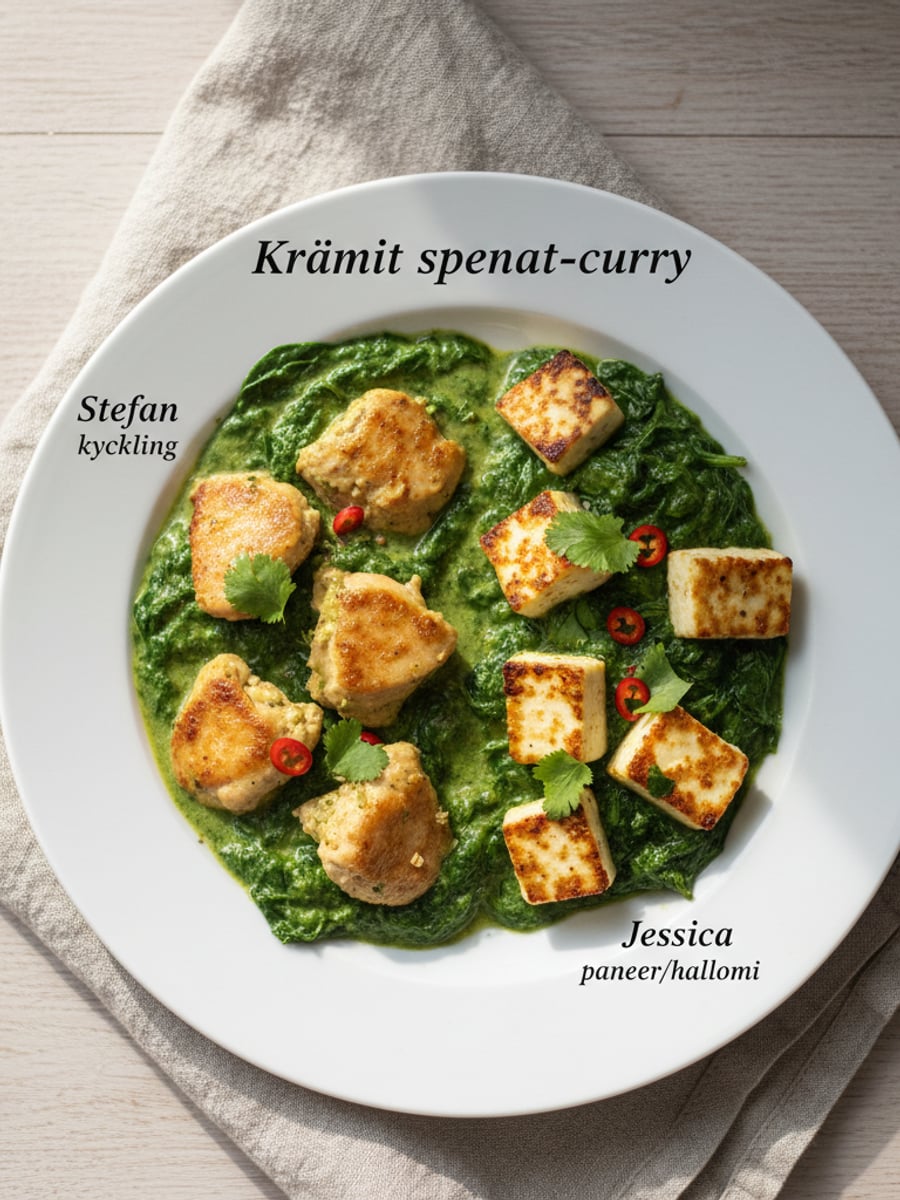 AI-bild: Krämig spenat-curry (Stefan kyckling, Jessica paneer/halloumi)