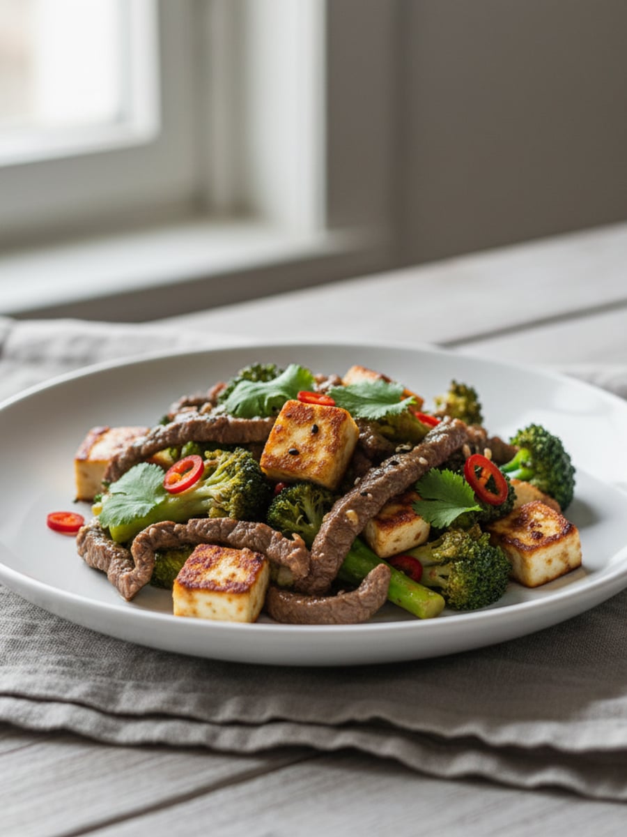 AI-bild: Stir-fry med ingefära-soja (Stefan nöt, Jessica halloumi)