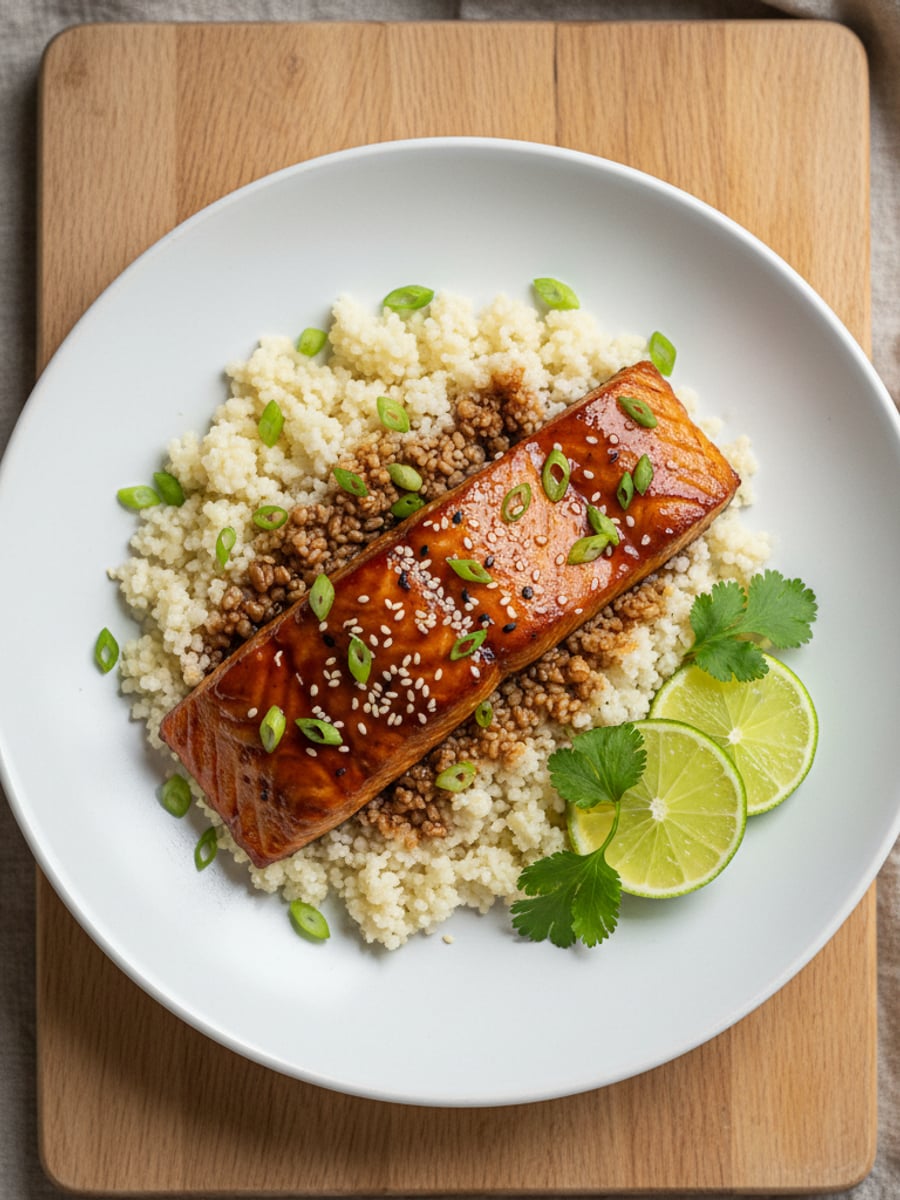 AI-bild: Teriyaki-lax med blomkålsris