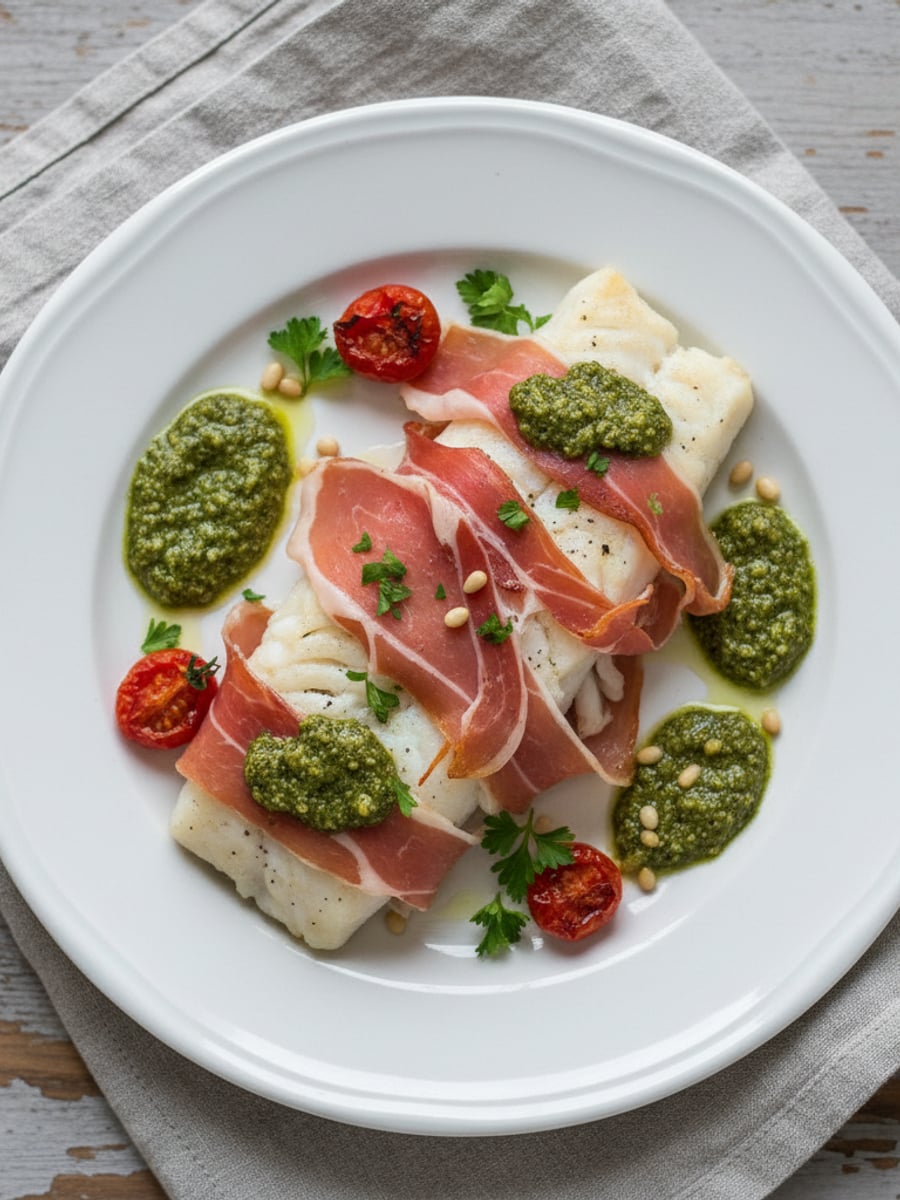 AI-bild: Torsk med skinka och pesto