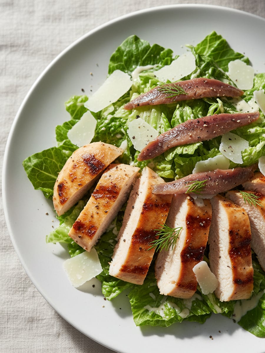 AI-bild: Caesar-sallad med kyckling och ansjovis