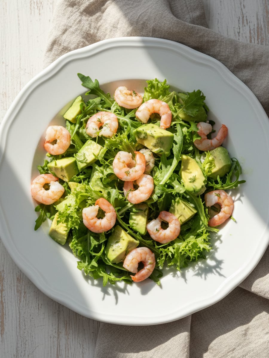 AI-bild: Räkor med avokado på sallad