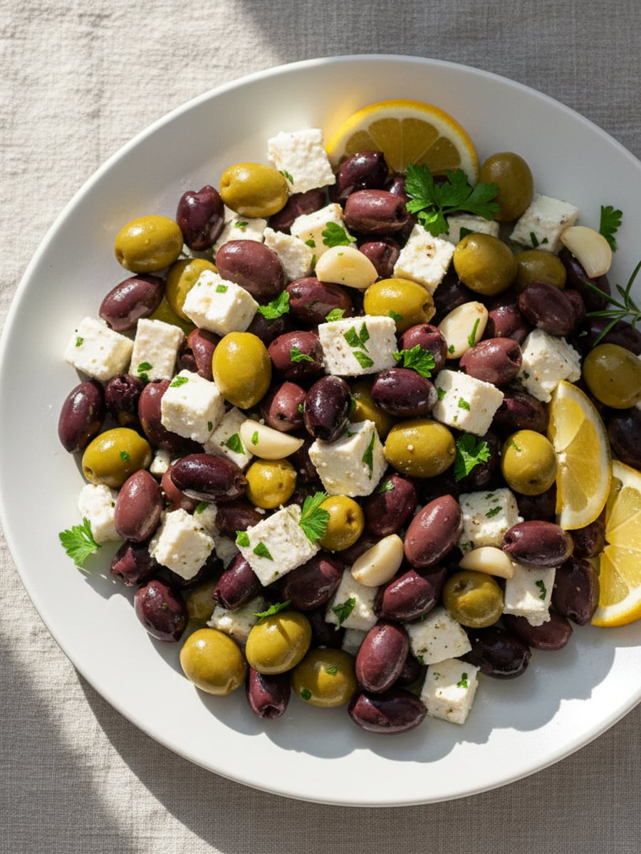 AI-bild: Olivmix med feta och vitlök