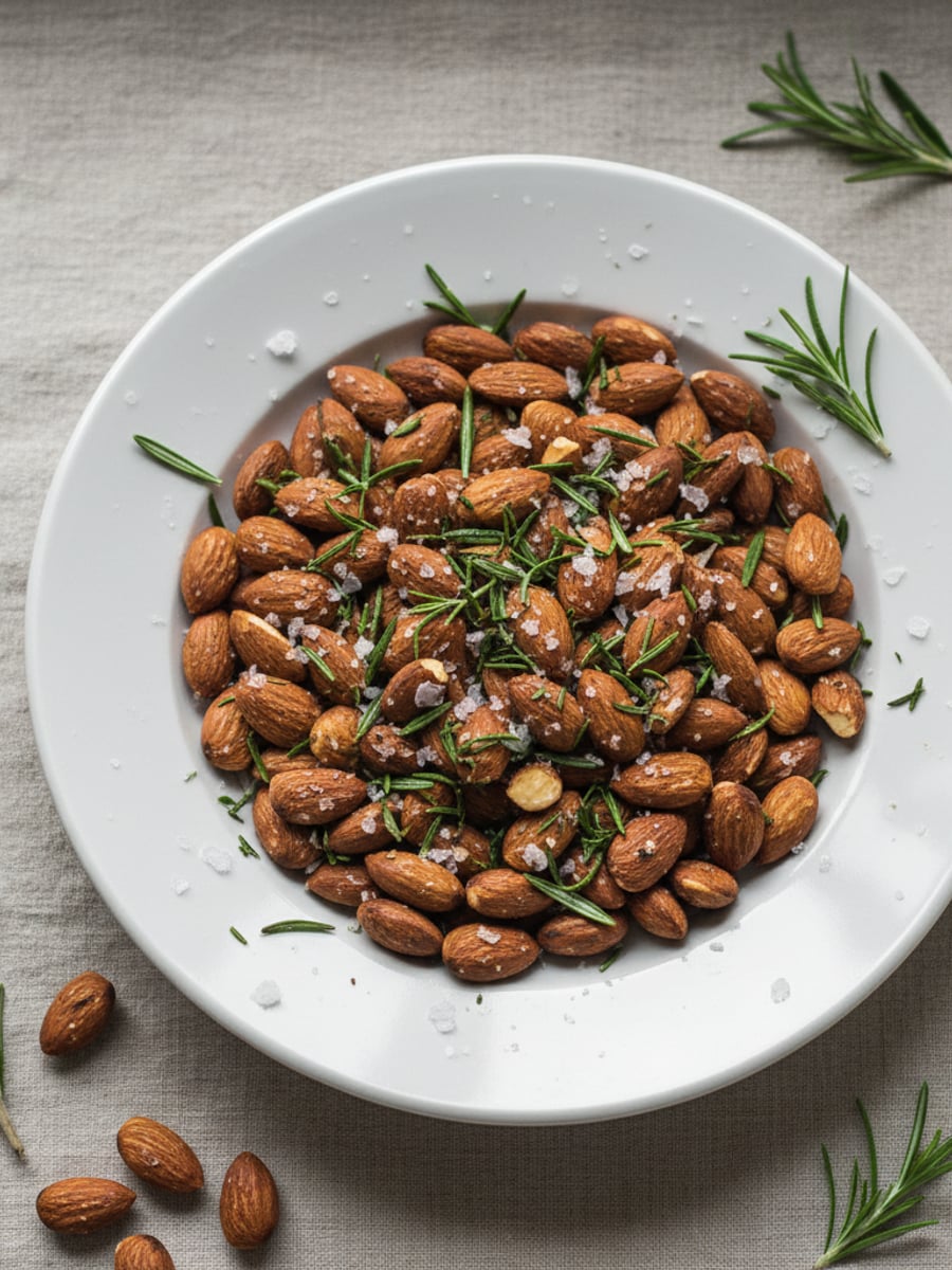 AI-bild: Rostade mandlar med rosmarin & flingsalt