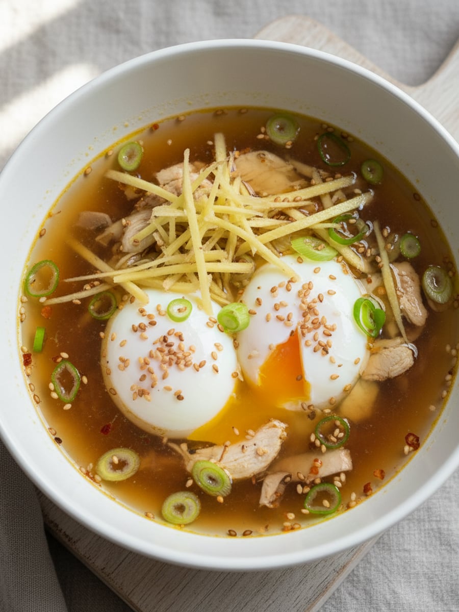 AI-bild: Asiatisk buljong med pocherade ägg