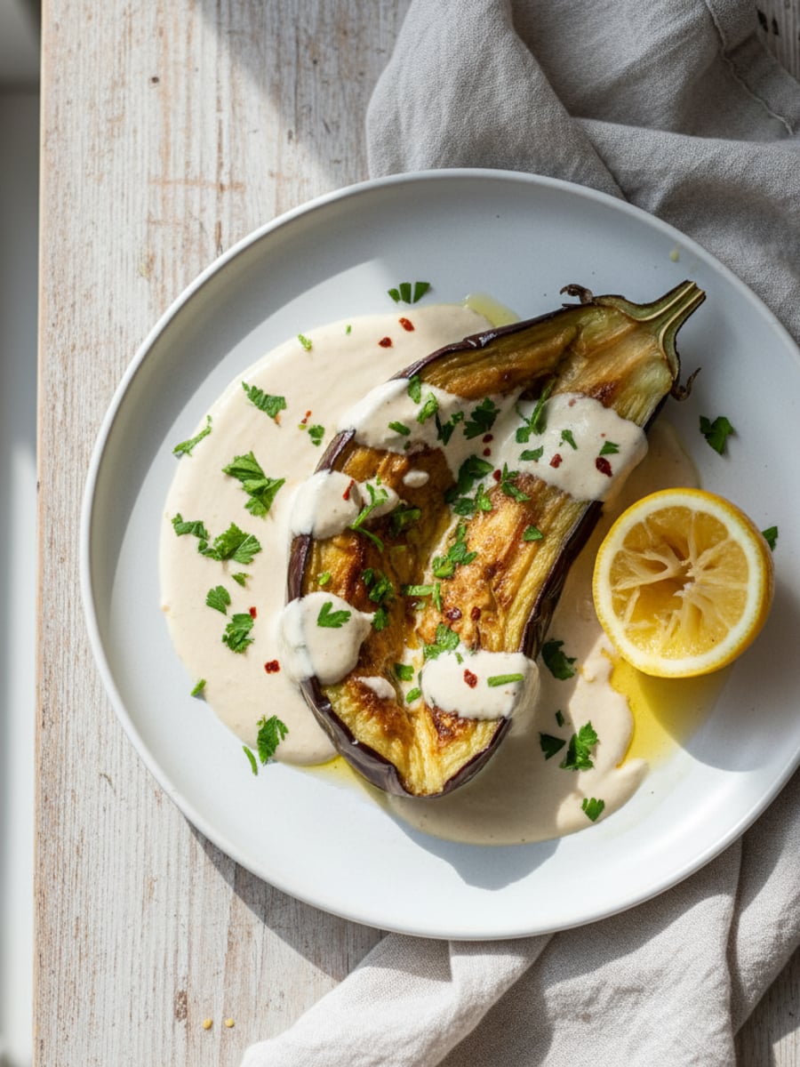 AI-bild: Rostad aubergine med tahini