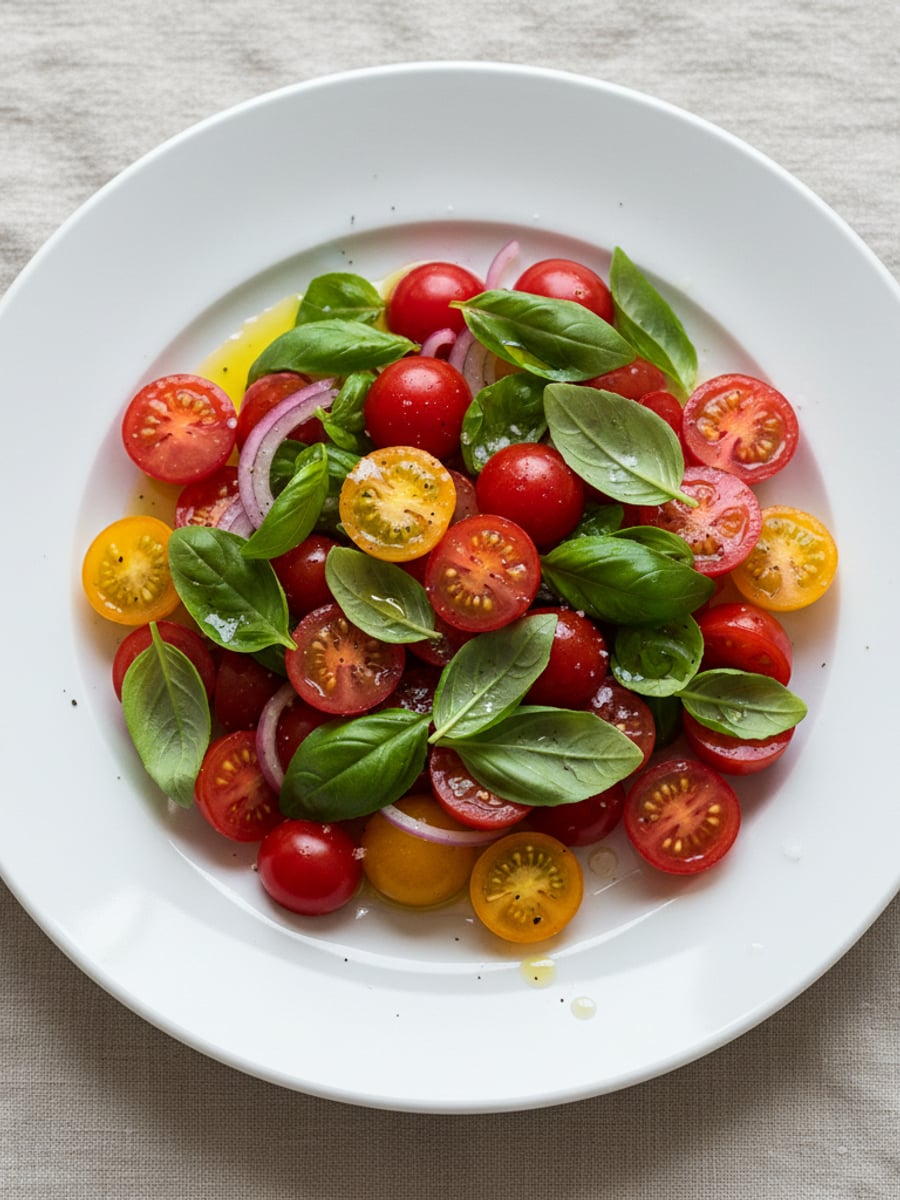 AI-bild: Tomatsallad med basilika & olivolja