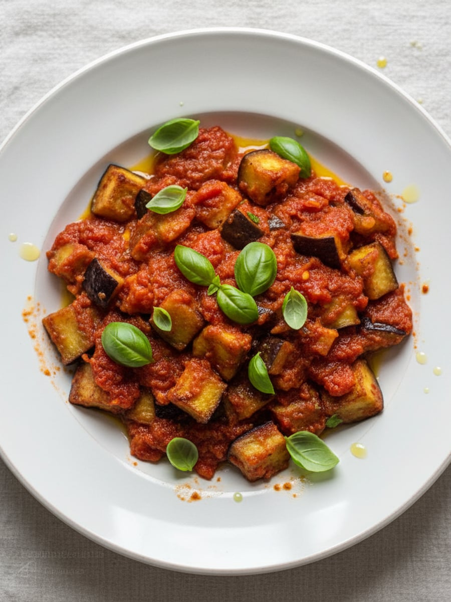 AI-bild: Stekt aubergine med tomat